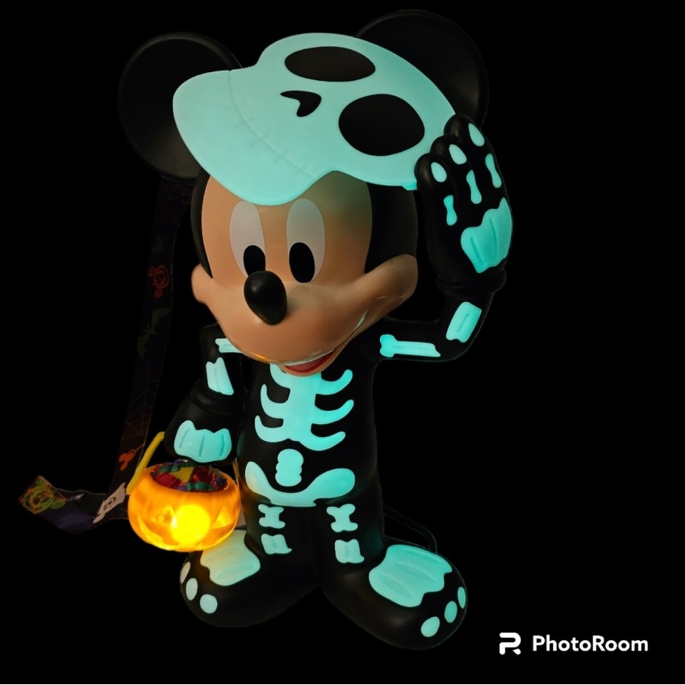 Mickey skeleton popcorn bucket glow in the dark costume & light up pumpkin candy